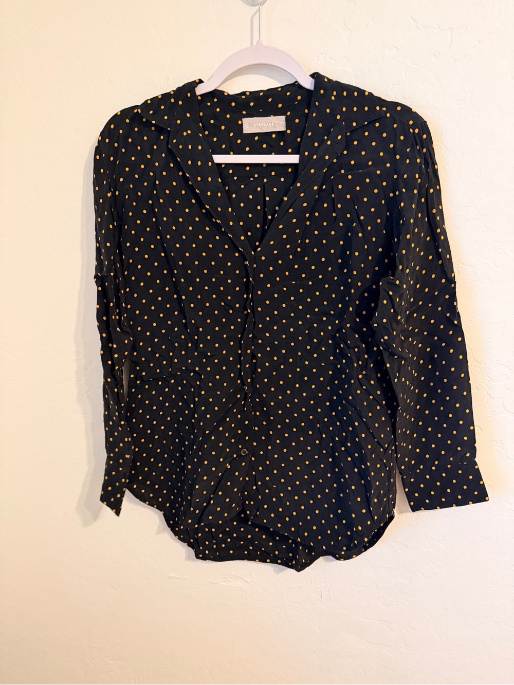 Everlane Black Yellow Polka Dot Button Down Blouse Cupro Shirt 00